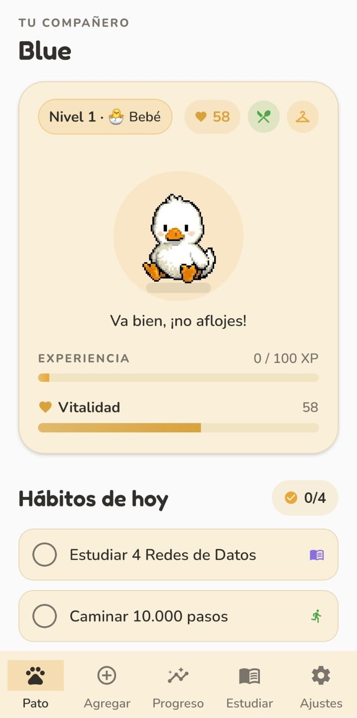 Pantalla de inicio de Habit Duck con el pato Blue en nivel 1, sus barras de experiencia y vitalidad, y los hábitos del día