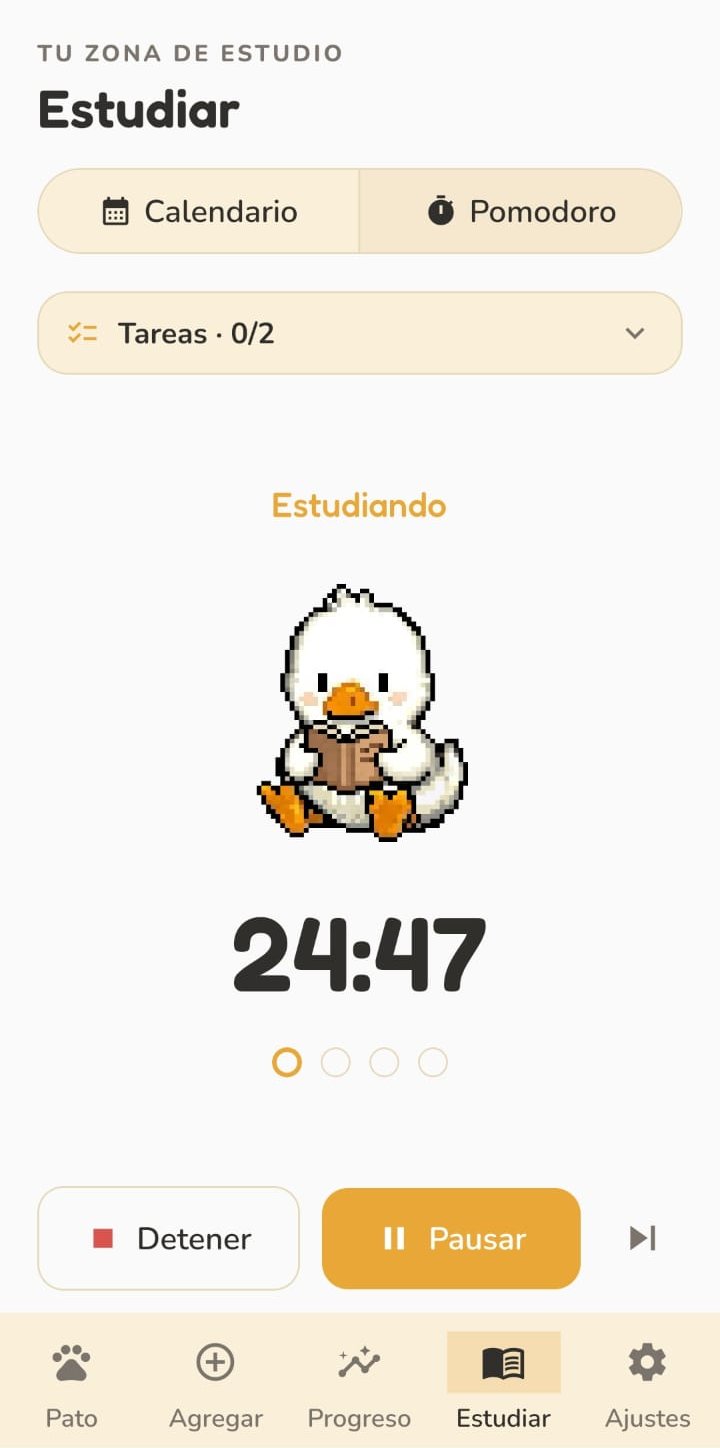 Pomodoro de Habit Duck con el pato leyendo un libro y el temporizador en 24:47